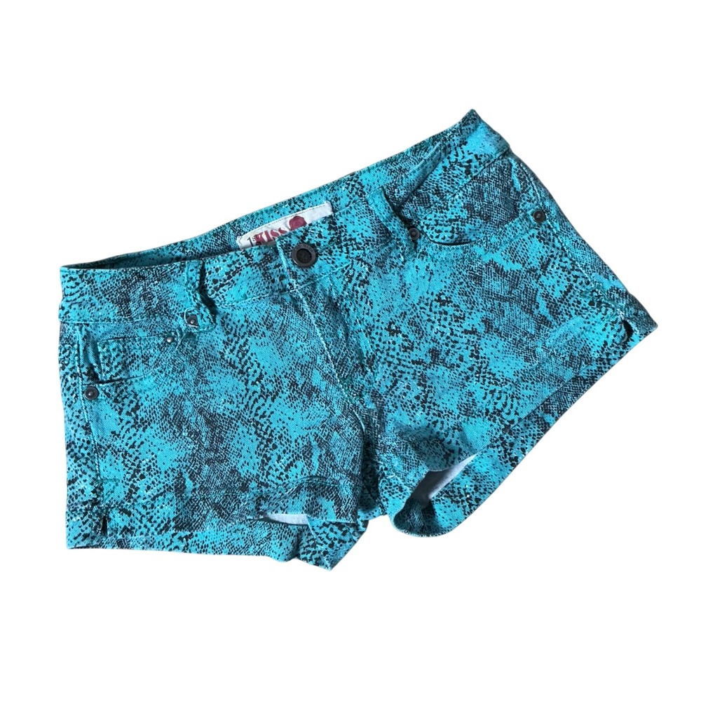 Y2K 1st Kiss Turquoise Snakeskin Denim Shorts Animal Print Hot Pants FK2299B22
